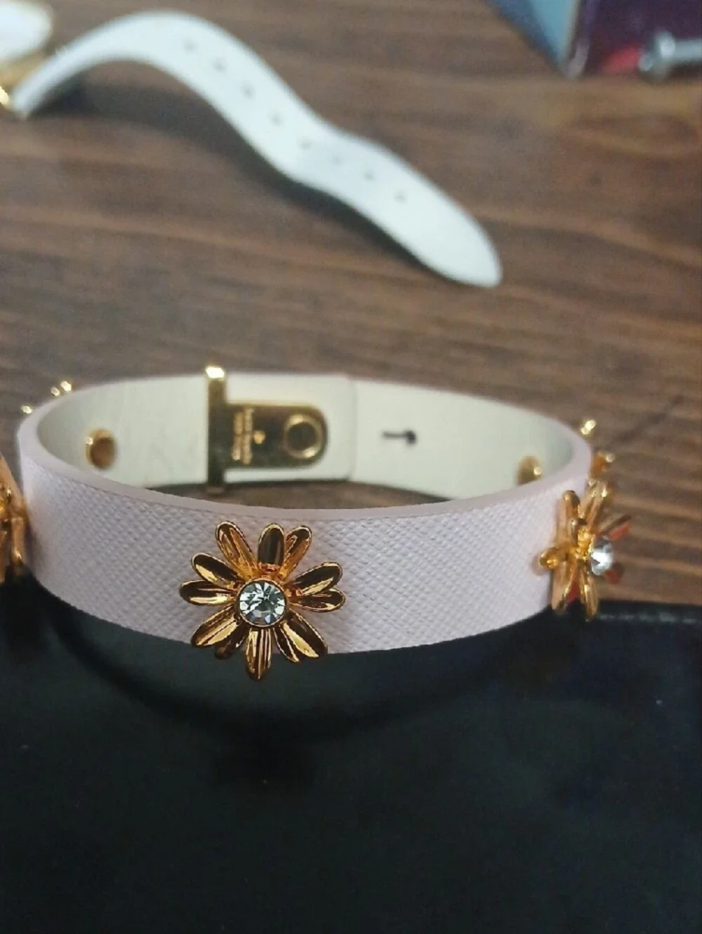 Kate Spade NWT Women's Pink Leather Cuff Bracelet with Gold And Rhinestone Flowe